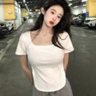 Short-sleeve Square-neck Plain Side Slit Top