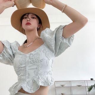 Puff-sleeve Jacquard Slim-fit Top