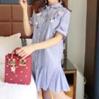 Floral Embroidered Ruffle Hem Short-sleeve Shirt Dress