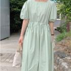 Puff-sleeve Plain Drawstring Waist Loose Fit Dress Light Green - One Size