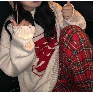Long-sleeve Printed Knit Sweater / Plaid Straight-cut Pants