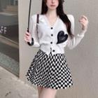 Heart Applique Cardigan / Checkerboard Pleated Mini Skirt