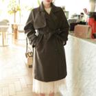 Flap Woolen Trench Coat With Sash