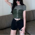 Mock Two-piece Crop T-shirt Green - One Size