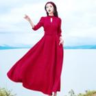 3/4 Sleeve Corduroy Cutout Maxi A-line Dress