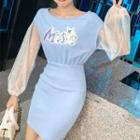Long-sleeve Mesh Panel Sequined Pencil Dress
