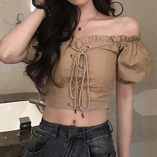 Ruffled-trim Drawcord Short-sleeve Off-shoulder Top
