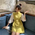 3/4-sleeve Drawstring Buttoned A-line Dress Yellow - One Size