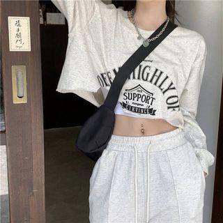Set: Lettering Print Cropped Sweatshirt + Sweatpants