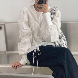 Lantern Sleeve Drawstring Ruched Blouse