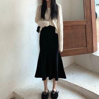 Plain Sweater / High Waist Knit Midi Mermaid Skirt