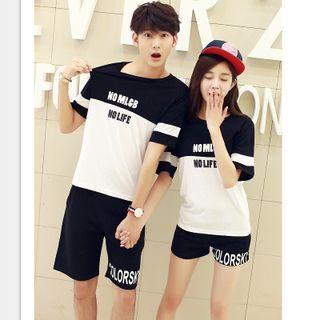 Couple Short-sleeve Paneled Lettering T-shirt / Shorts