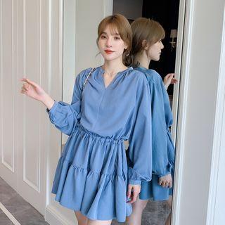Split-neck Long-sleeve Mini A-line Dress