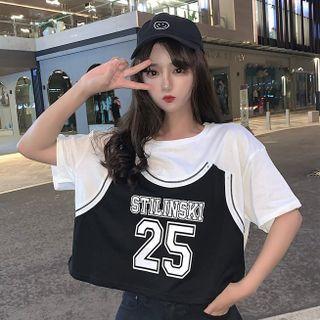 Mock Two-piece Elbow-sleeve Lettering Print Cropped T-shirt