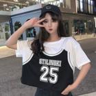 Mock Two-piece Elbow-sleeve Lettering Print Cropped T-shirt