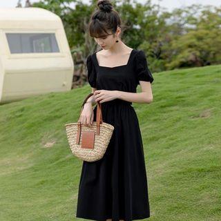 Puff-sleeve Square-neck Cutout A-line Dress / Puff-sleeve Bow Blouse
