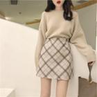 Set: Plain Sweater + Plaid Mini A-line Skirt