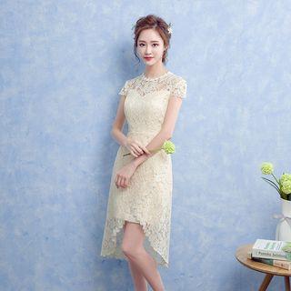 Cap Sleeve Asymmetrical Hem Lace Cocktail Dress