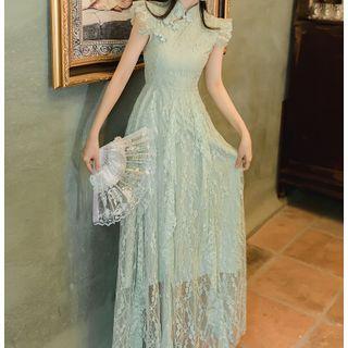 Sleeveless Ruffled Midi A-line Lace Dress