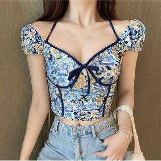 Puff-sleeve Floral Cropped Blouse Blue - One Size
