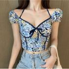Puff-sleeve Floral Cropped Blouse Blue - One Size