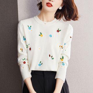 Long Sleeve Floral Embroidered Knit Top As Shown In Figure - One Size