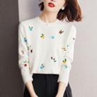 Long Sleeve Floral Embroidered Knit Top As Shown In Figure - One Size