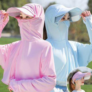 Plain Sun Protection Hooded Long-sleeve Top