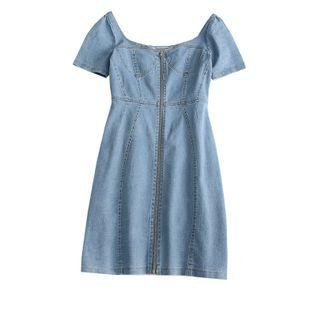 Zip Detail Short-sleeve Denim Mini A-line Dress