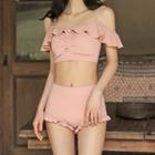 Set Of 3: Cold-shoulder Tankini Top + Swim Bottom + Mesh Skirt