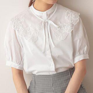 Peter-pan Collar Embroidered Flower Short-sleeve Plain Blouse White - One Size