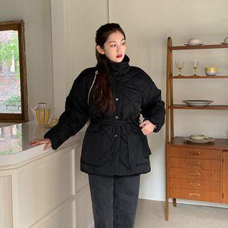High-neck Quilted Jacket With Sash