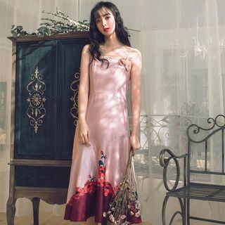 Spaghetti-strap Flower Print A-line Dress