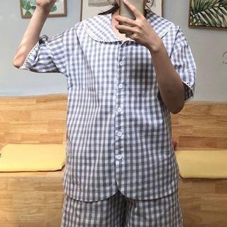 Set:plaid Short-sleeve Top + High-waist Shorts As Shown In Figure - One Size