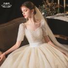 Faux Pearl Short-sleeve Mesh Wedding Ball Gown