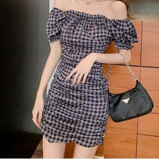 Off-shoulder Plaid Ruched Mini Bodycon Dress