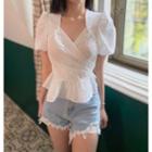 Wrap-front Puff Short-sleeve Ruffled Blouse