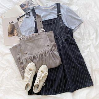 Striped Overall / Short-sleeve Embroidered T-shirt