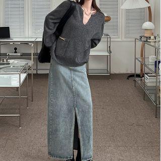V-neck Chain Sweater Gray - One Size