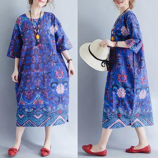 Patterned Short-sleeve A-line Midi Dress