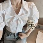 Short-sleeve Tie Neck Blouse White - One Size