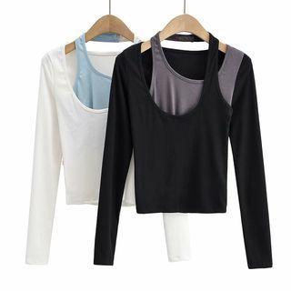 Two-tone Long Sleeve Halter T-shirt
