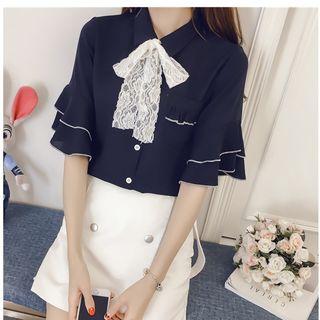 Lace Bow Accent Elbow Sleeve Shirt