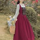 Set: Long-sleeve Flower Embroidered Midi A-line Dress + Headpiece