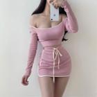 Set: Off-shoulder Long-sleeve Cropped Knit Top + Drawstring Mini Skirt Pink - One Size