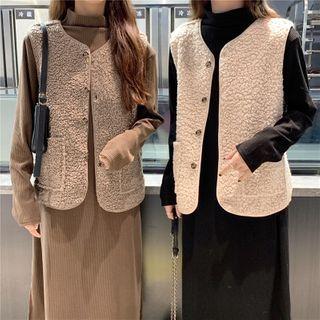 Faux Shearling Buttoned Vest / Mock-neck Long-sleeve Midi A-line Dress