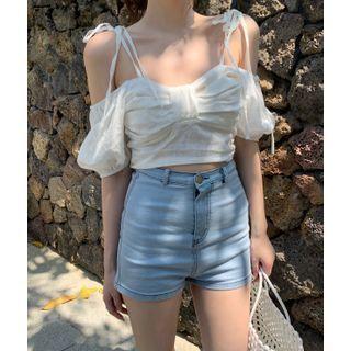 Cold-shoulder Bow Accent Cropped Blouse White - One Size