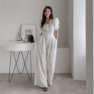 Puff-shoulder Hidden-zip Textured Jumpsuit
