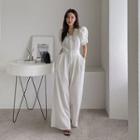 Puff-shoulder Hidden-zip Textured Jumpsuit