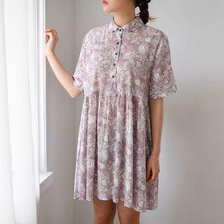 Half-placket Floral Pattern Shirtdress